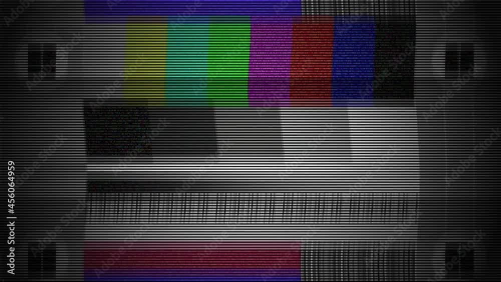 Abstract broken or no signal television, TV or computer test pattern screen with glitches and scanline background overlay