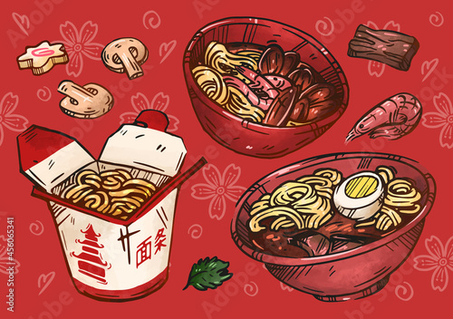 Asian cuisine illustration. Hand drawn sketch. Noodle, ramen, pad thai. Street food japanese, chinese, korean, thai, menu design. Vector color set