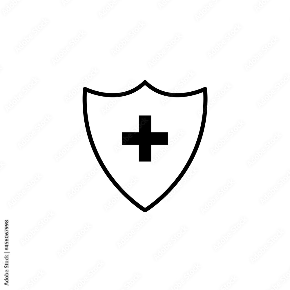 Plus or cross on the shield black line icon, a symbol of medicine, immunity and protection of the pc from viruses. Farmacy. Hospital. Medicine. Guard. Isolated illustration on white. Vector EPS 10 Plus or cross on the shield black line icon, a symbol of medicine, immunity and protection of the pc from viruses. Farmacy. Hospital. Medicine. Guard. Isolated illustration on white. Vector EPS 10