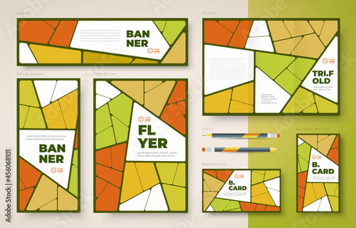 Identity Hand drawn mosaic green theme. Set flyer cover, tri-fold, banner, roll up banner, business card