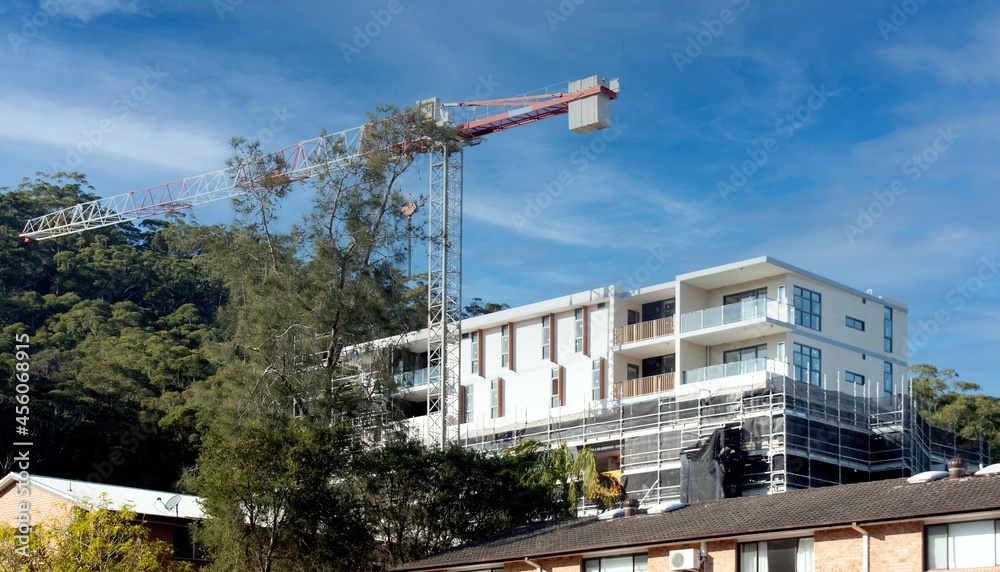  August 15, 2021. Work in progress , completed Top floors now visible. North West view of 56 Beane st. Gosford