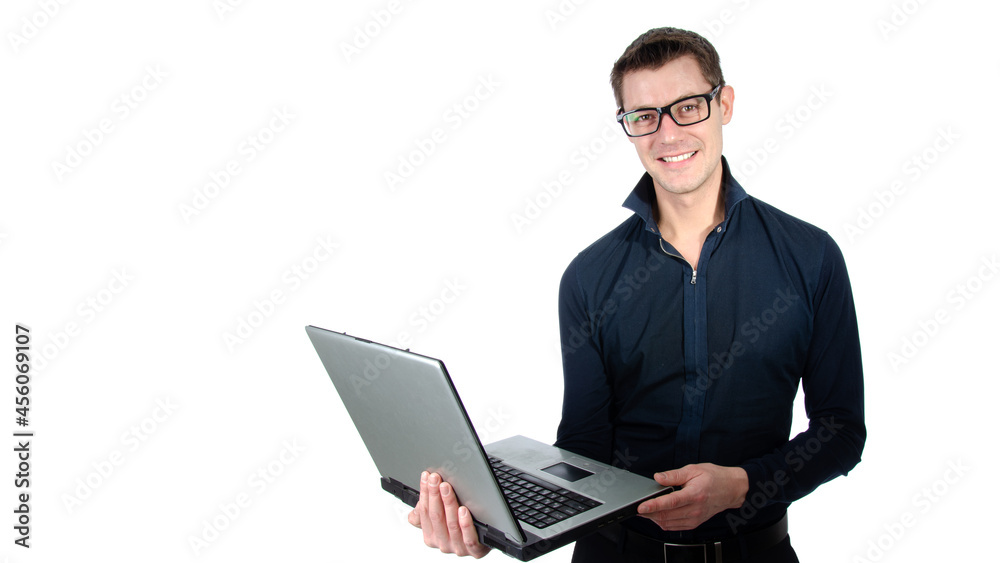 Funny handsome man with laptop. White background. Funny handsome man with laptop. White background.