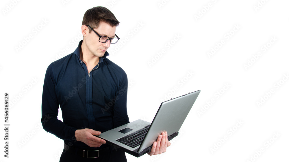 Funny handsome man with laptop. White background. Funny handsome man with laptop. White background.