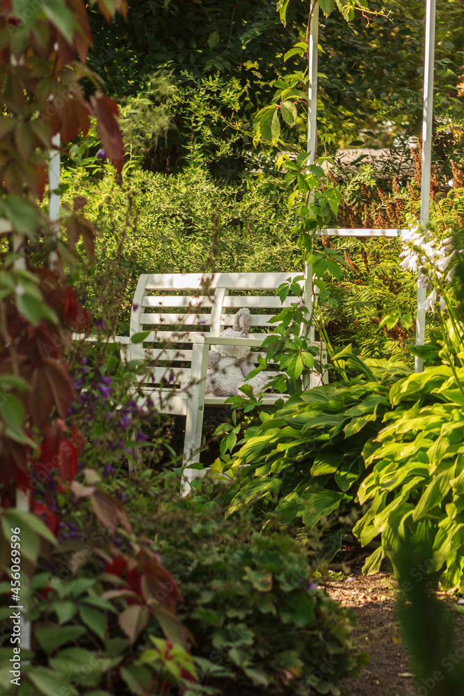 Wooden garden bench in colorful summer garden. Garden architecture concept
