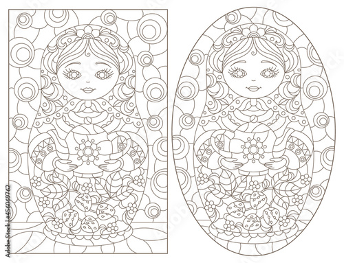 A set of contour illustrations in the style of stained glass with Russian dolls, dark contours on a white background