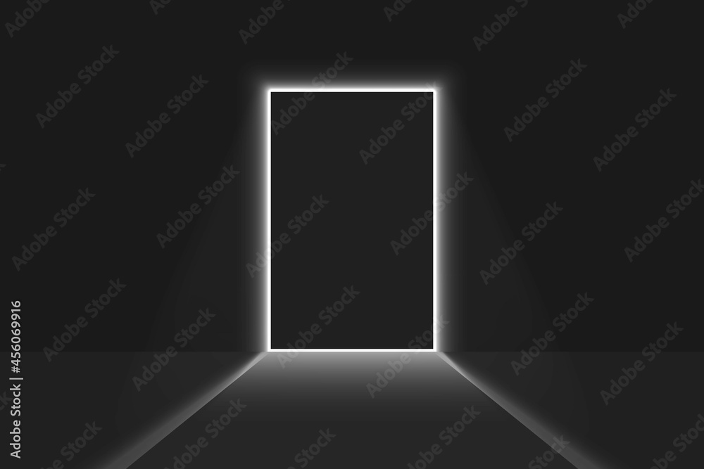 Close door light in a dark room. Bright doorway Close door light in a dark room. Bright doorway