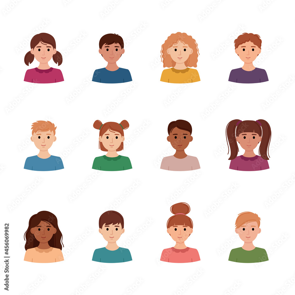 Set of children avatars. Collection of portreits of boys and girls with different skin colors, vector illustration Set of children avatars. Collection of portreits of boys and girls with different skin colors, vector illustration