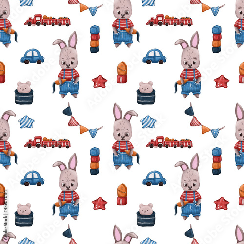 Seamless pattern of cute rabbit with carrot, car, toy, star, train and etc. Cartoon illustration perfect for your own design. Can use in textile, wrapping paper, fabric, party, print and etc.