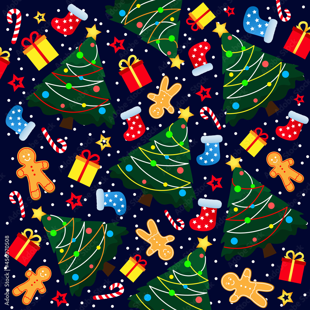 Decorative Сhristmas background with Christmas trees, gingerbread man, Christmas socks and gifts 