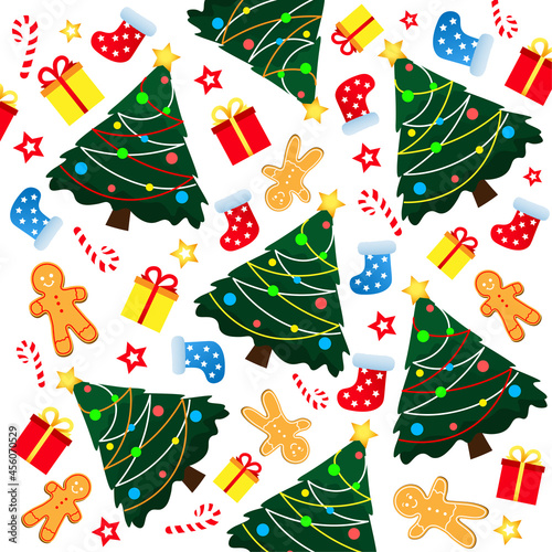 Chistmas decorative background with Christmas trees, socks, gingerbread man and other Christmas decorations