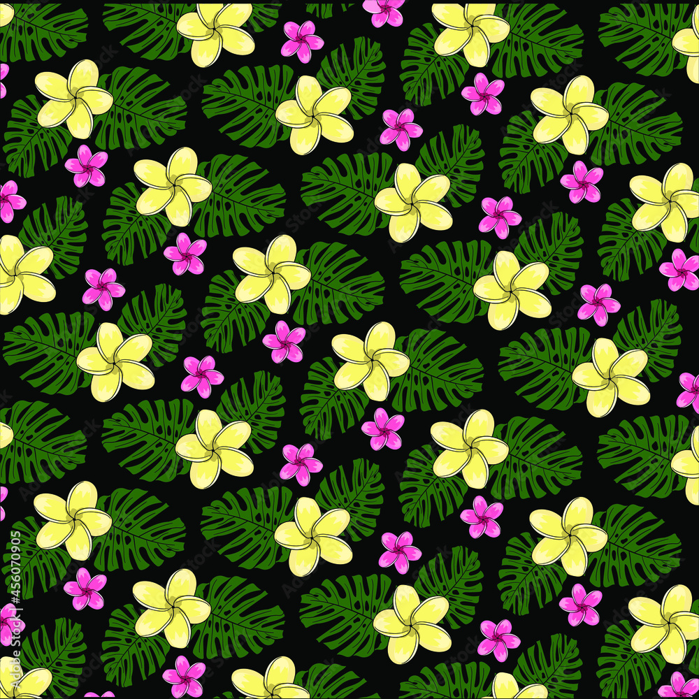 tropical flowers and leaves pattern on a black background tropical flowers and leaves pattern on a black background