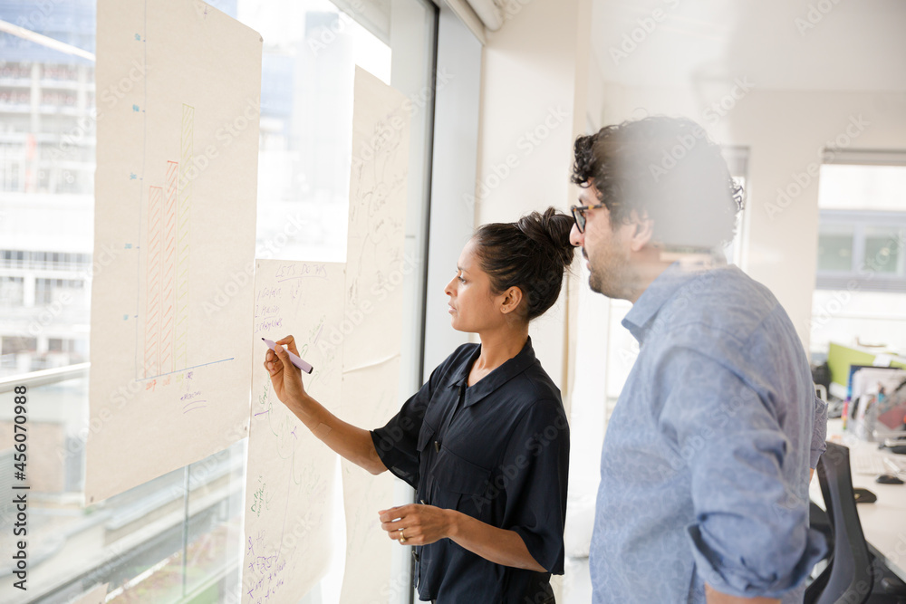 Fototapeta premium Business people discussing diagram sketches hanging on office window
