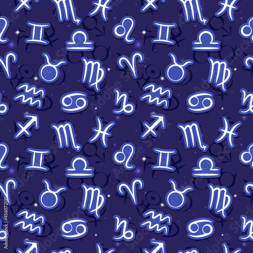 Seamless pattern with zodiac signs and the signs of the planets on the starry blue sky