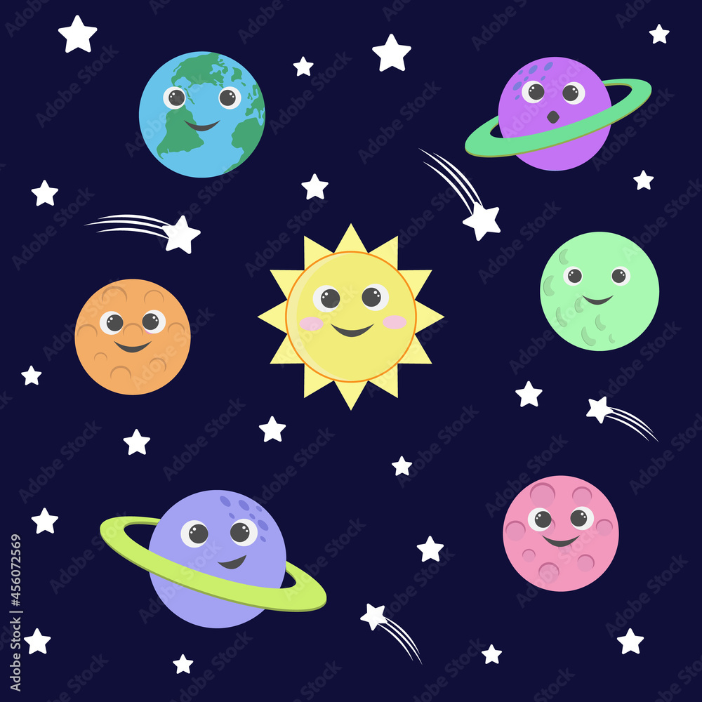 Cute galaxy, space, solar system elements for kids, vector illustration