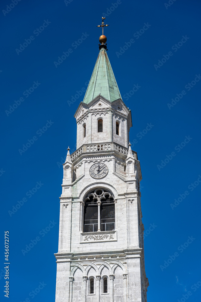 Bell Tower of the Catholic Parish Church in Cortina d' Ampezzo, Dolomites, in the Belluno region of Italy