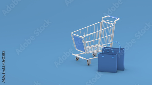 Shopping cart and bags on a blue background, 3D rendering, 3D rendering, 3D illustration.