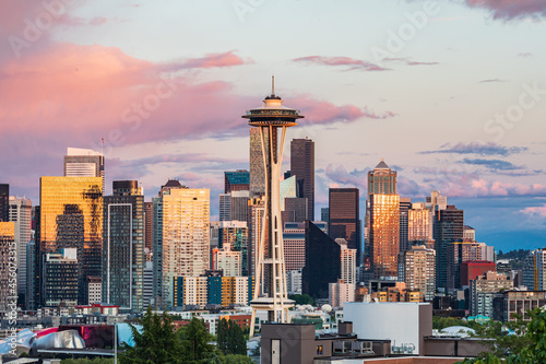 Downtown Seattle at sunset on a summer day.