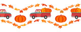 Red farm truck with pumpkins flat color seamless vector border. Fall season pumpkin harvest pick of patch background. Farm pickup design element. Autumn vegetables harvest frame template illustration
