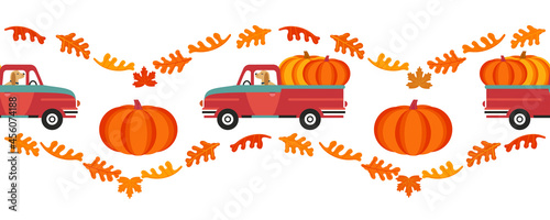 Red farm truck with pumpkins flat color seamless vector border. Fall season pumpkin harvest pick of patch background. Farm pickup design element. Autumn vegetables harvest frame template illustration
