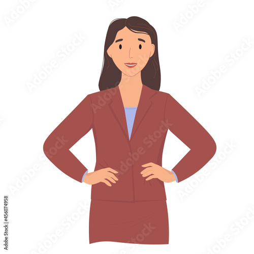 A young businesswoman, a teacher stands in a strict suit with her hands on her waist . A confident woman smiles. A flat vector illustration isolated on a white background.
