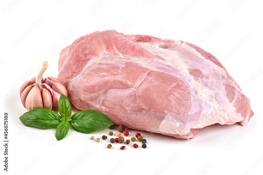 Raw pork neck, isolated on white background.