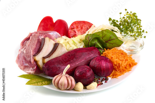 Ingredients for traditional borscht soup, isolated on white background.