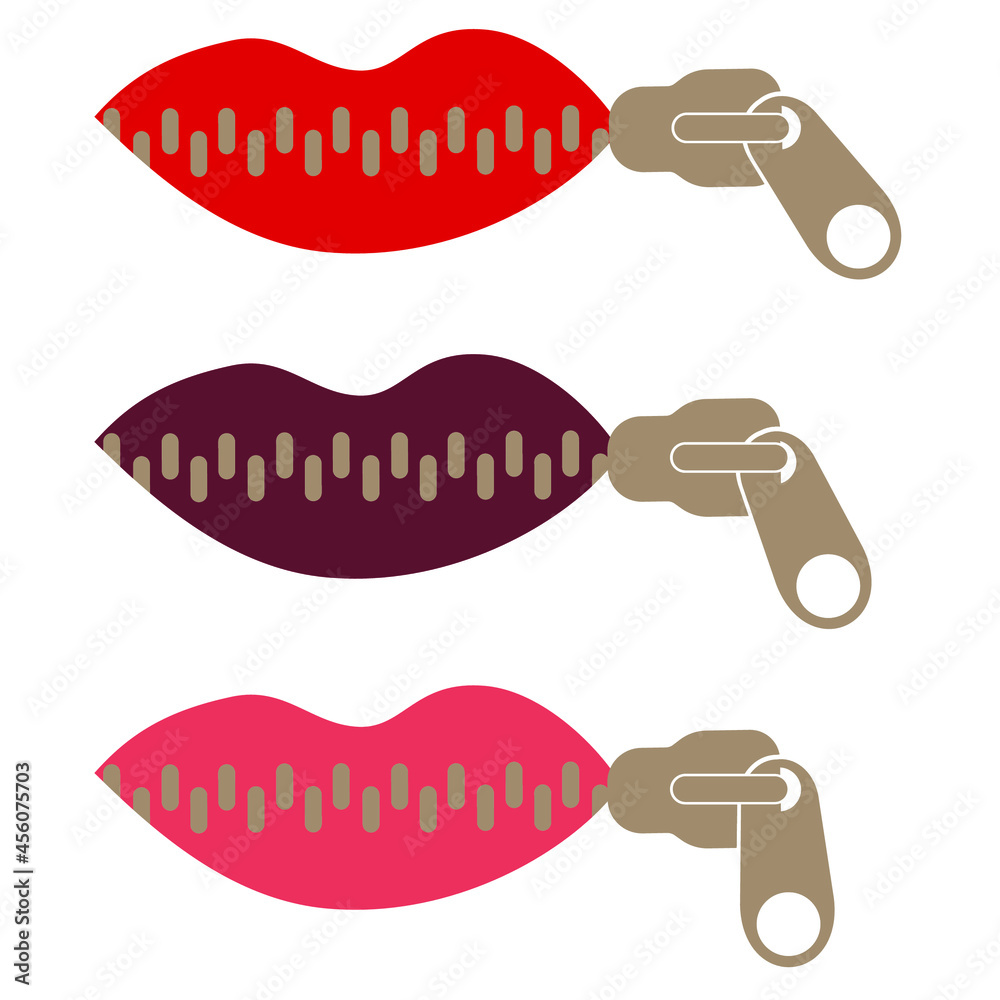 Lips zipped. Woman's mouth with zipper closing red lips shut. Concept