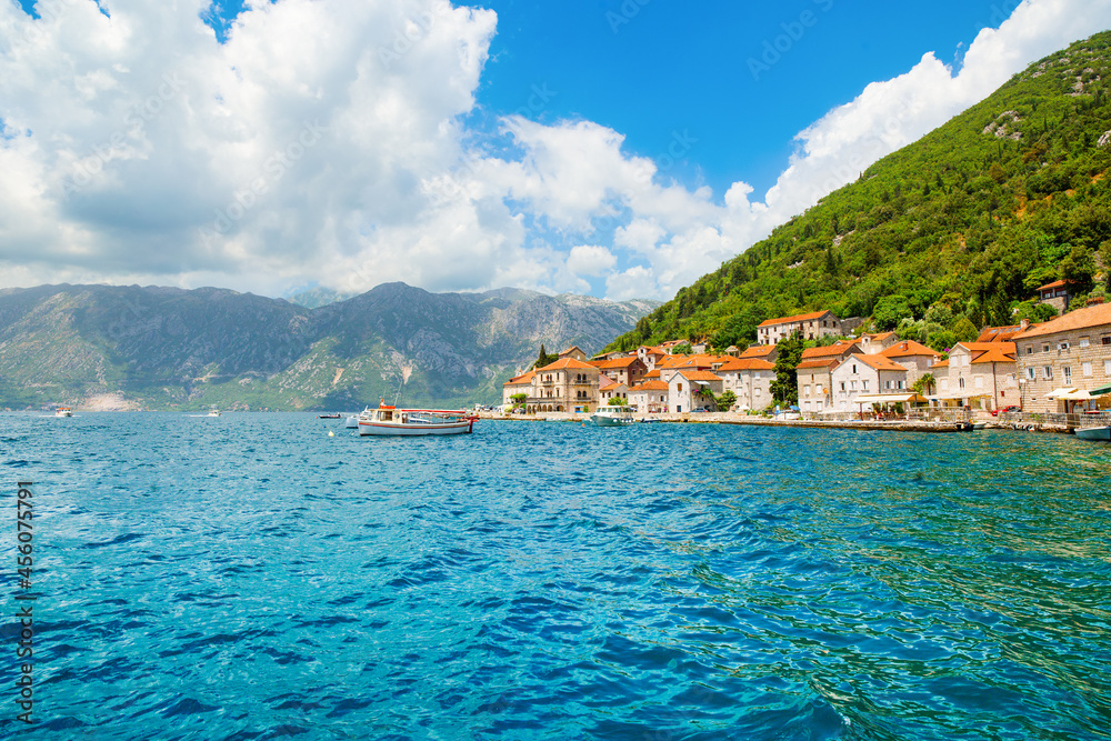 Beautiful summer landscape with the historic town of Perast, Montenegro