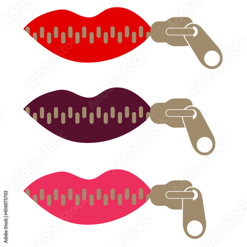 Lips zipped. Woman's mouth with zipper closing red lips shut. Concept of shut up, keeping quiet. Flat design.