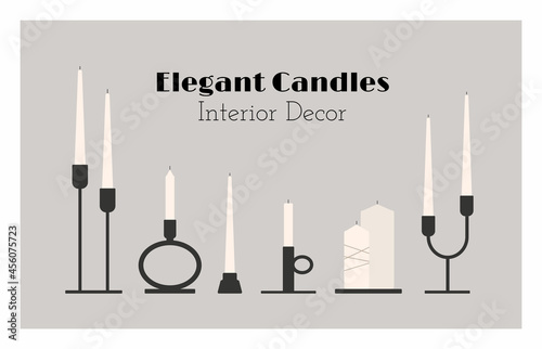 Elegant candles interior decor elements set. Vintage mid century minimal style black candle holders and candelabrum collection. Home interior aesthetic inspiration modern candles vector icon set.