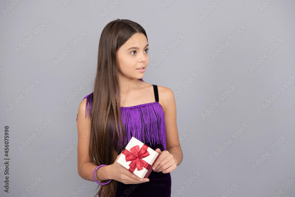 A place where you shop emotions. Girl child hold present box. Gift shop. Shopping and sale A place where you shop emotions. Girl child hold present box. Gift shop. Shopping and sale
