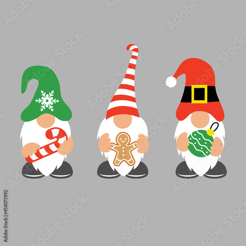 Christmas Gnomes with candy cane, gifts, ornament gingerbread man