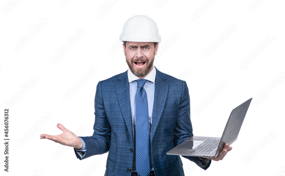 angry businessman man in suit and helmet hold computer isolated on white, anger angry businessman man in suit and helmet hold computer isolated on white, anger
