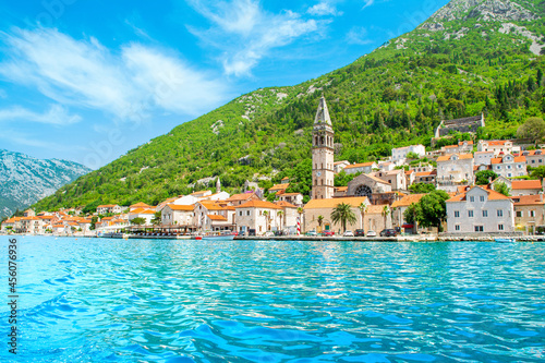 Beautiful summer landscape with the historic town of Perast, Montenegro photo