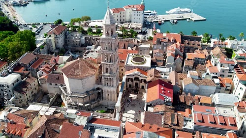 Drone view of the ruins of Diocletian's palace in the city of Split. Palace complex from above.  Drone shot of Split Cathedral. Drone shot Croatian city of Split in the resort region of Dalmatia. photo