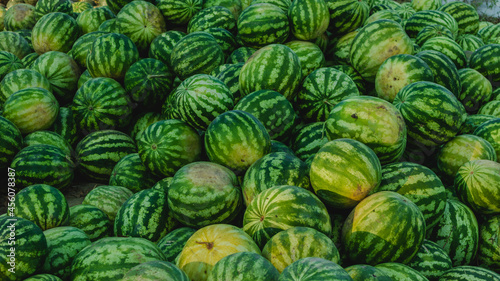 Market with watermelons at the end of August in the Kherson region. Ukraine.