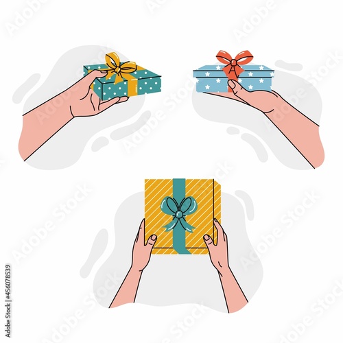 Hands giving a gift box isolated on white background. Vector illustration