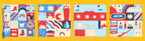 set of vintage winter seamless patterns in hippie style.70s and 60s funky and groove postcards.Psychedelic blue posters with geometric comic  fragments.Faces,Christmas,stars, stripes in squares.