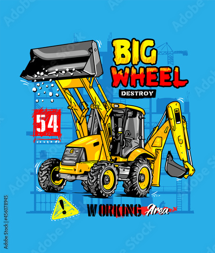 Typography hand-drawn construction machines with vector excavator illustration for boys and babies t-shirt graphic and other uses.