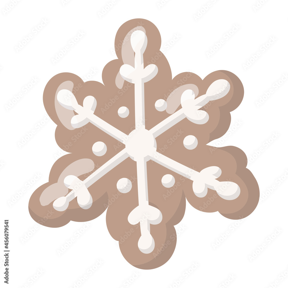 Vector isolated illustration of a Christmas gingerbread cookie in the shape of a snowflake with white glaze.