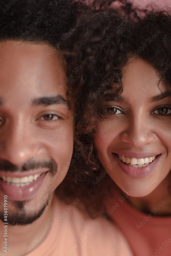 Close-up portrait photo of latin swarthy man and woman looking at camera. Quality shot adored couple with gorgeous smile, deep dark eyes and curly hair. Concept relationships between different sexes Close-up portrait photo of latin swarthy man and woman looking at camera. Quality shot adored couple with gorgeous smile, deep dark eyes and curly hair. Concept relationships between different sexes