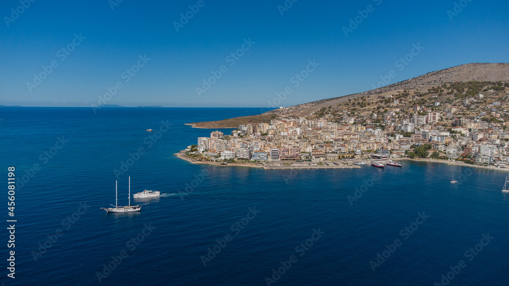 Fototapeta premium Aero Photography. View from a flying drone. Panoramic view of Ksamil, Albanian Riviera. Ksamil islands are located near the Saranda. Top View. Beautiful destinations