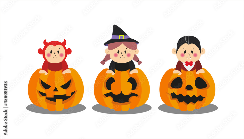 Children in costumes and on pumpkins on a white background for the Halloween holiday Children in costumes and on pumpkins on a white background for the Halloween holiday