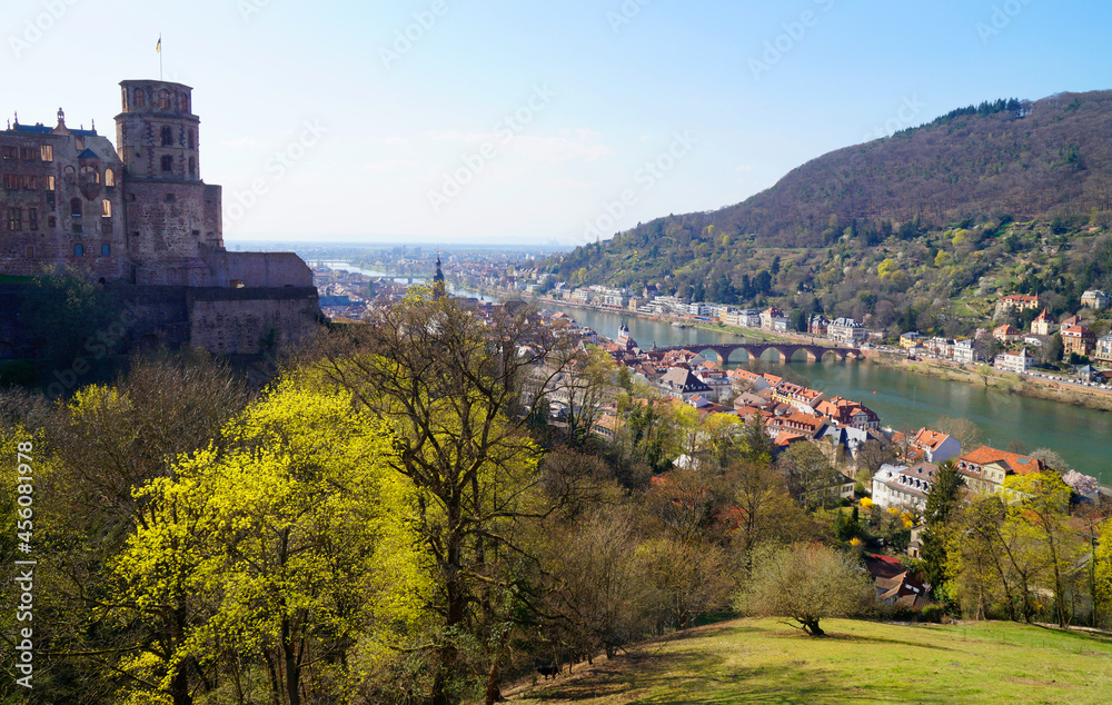 a beautiful view from the Heidelberg castle of the river Neckar and the The Karl Theodor Bridge or Old Bridge (Heidelberg in Germany)