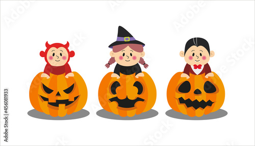 Children in costumes and on pumpkins on a white background for the Halloween holiday