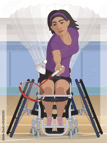 para sports paralympic badminton, physical disabled female athlete sitting in specialized wheelchair holding racquet hitting shuttle with stadium background