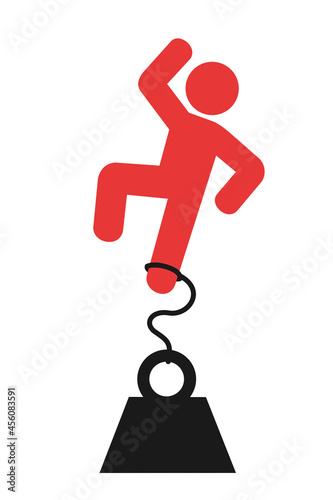 Man and person is pulled down by heavy weight - struggle, touble and problem caused by burden.