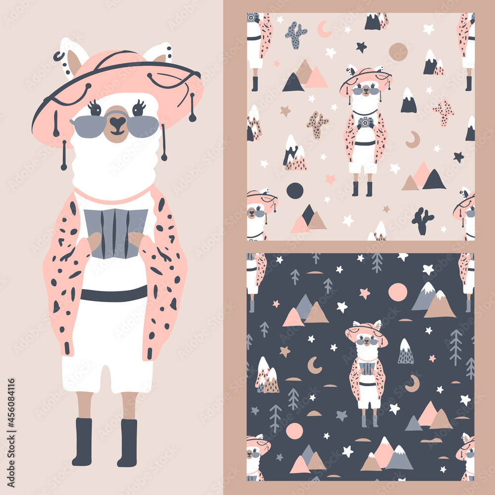 Fototapeta premium A set of vector cartoon seamless patterns with a llama with glasses and a hat. Background with mountains and cacti. For children's textile,baby shower,gift paper,greeting card, notepad, scrapbooking.