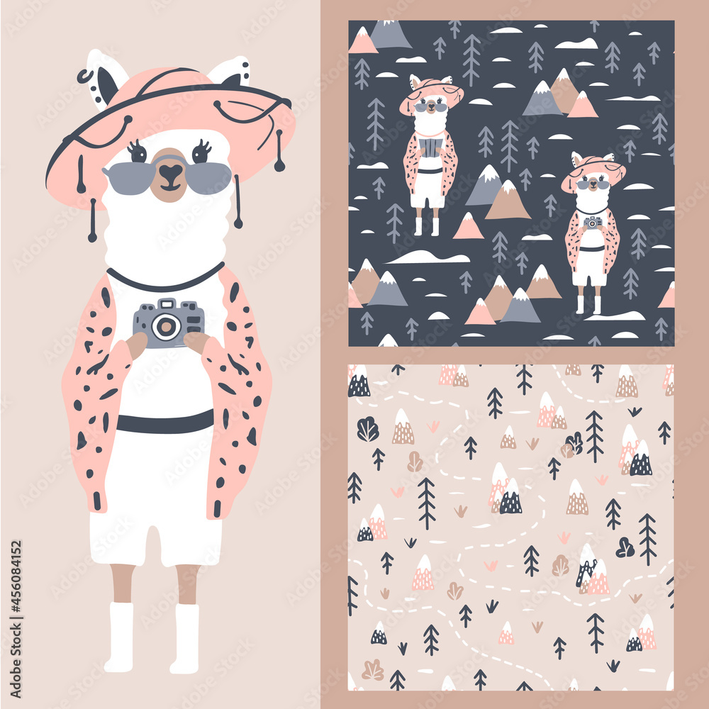Fototapeta premium A set of vector cartoon seamless patterns with a llama with glasses and a hat. Background with mountains and cacti. For children's textile,baby shower,gift paper,greeting card, notepad, scrapbooking.