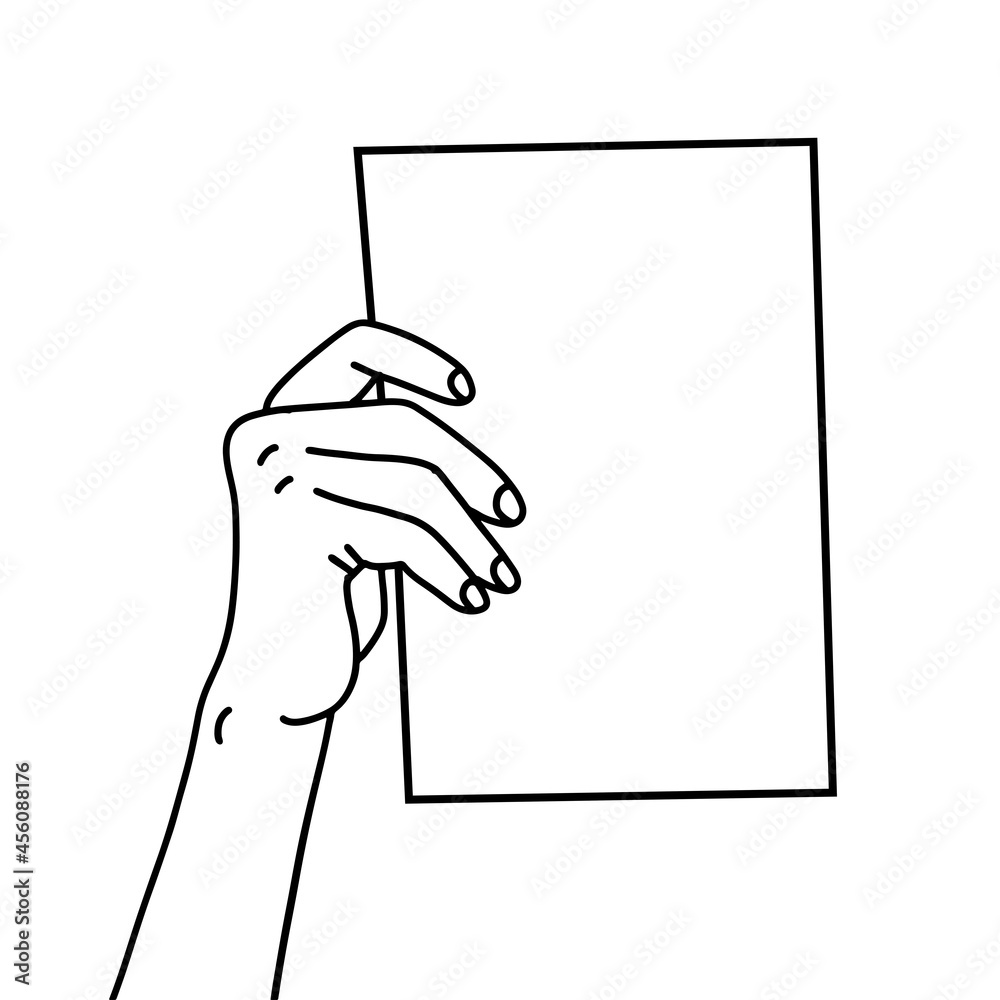One Hand holding A4 paper sheet hand drawn with thin line. Presenting document, showing memo, template for image. Vector black linear illustration isolated on white background